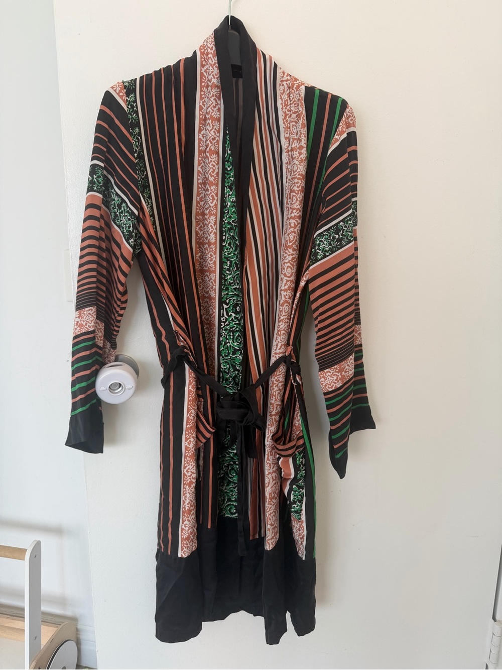 WARM Striped Multicolor Satin Kimono Wrap - Black, Rust & Green